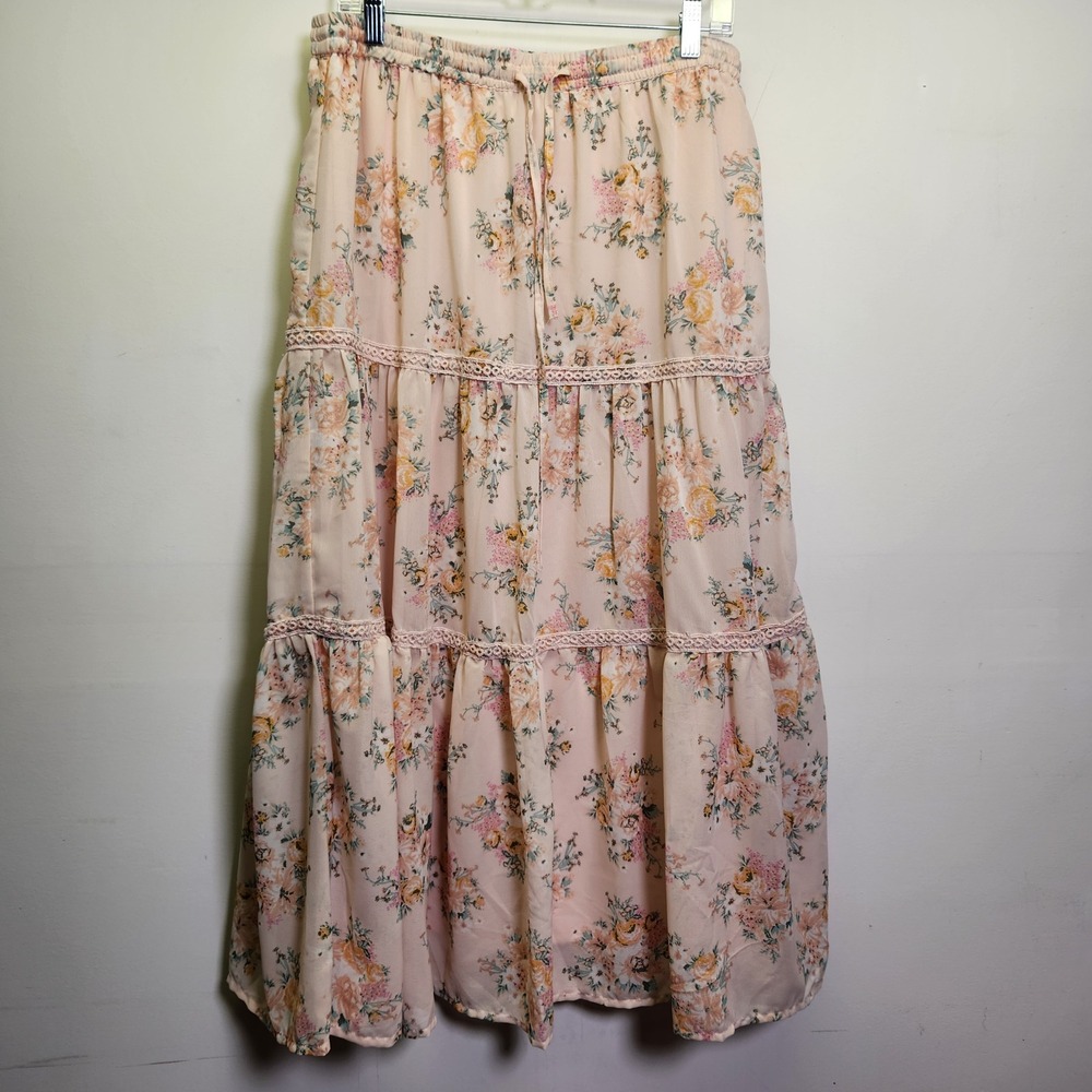 Truly 4 You Pink Maxi Skirt Lrg Tiered Embroidered Pull On Drawstring Chiffon